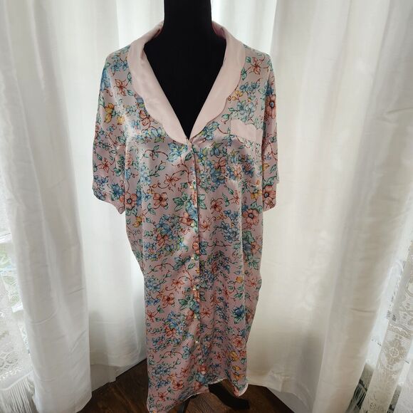 Vintage Satin Nightgown Lauren Alexandra Intimates Floral Pearl Sleep Shirt Vtg - Picture 1 of 12